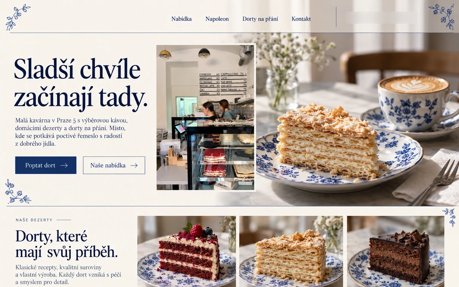Bakery website concept in cream and cobalt blue